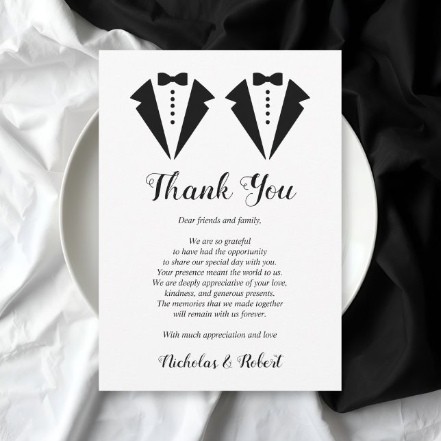 Tarjeta De Agradecimiento Black and white tuxedo two grooms gay wedding (Subido por el creador)