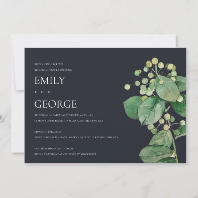 TARJETA DE AGRADECIMIENTO BLACK BERRY LEAFY FOLIAGE REHEARSAL DINNER INVITE (Anverso)