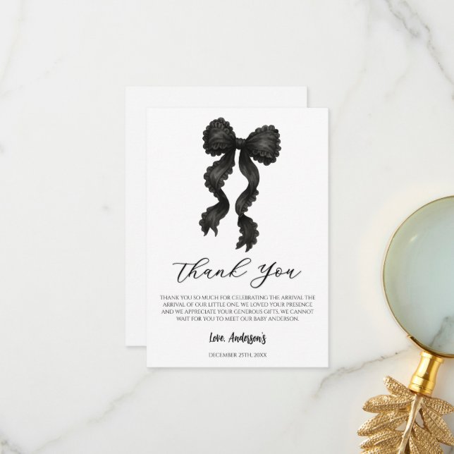 Tarjeta De Agradecimiento Black Bow Baby Shower Coquette Bow (Anverso/Reverso In Situ)
