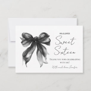 Tarjeta De Agradecimiento Black Bow Coquette Script Dulces 16 Gracias