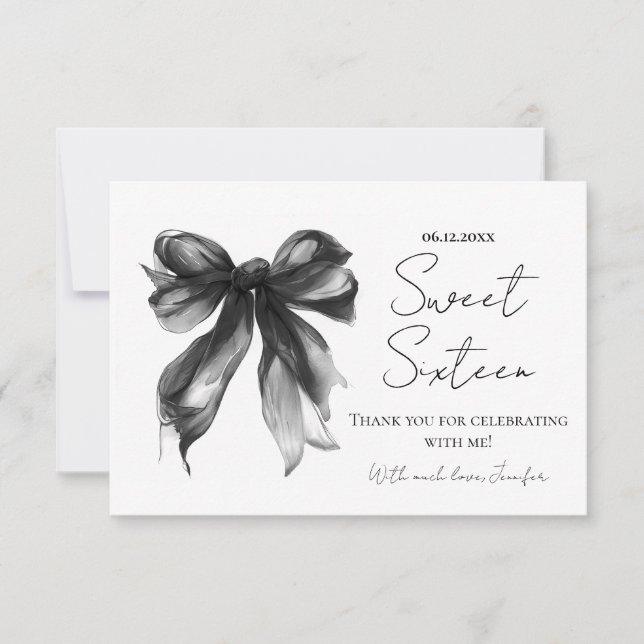 Tarjeta De Agradecimiento Black Bow Coquette Script Dulces 16 Gracias  (Anverso)