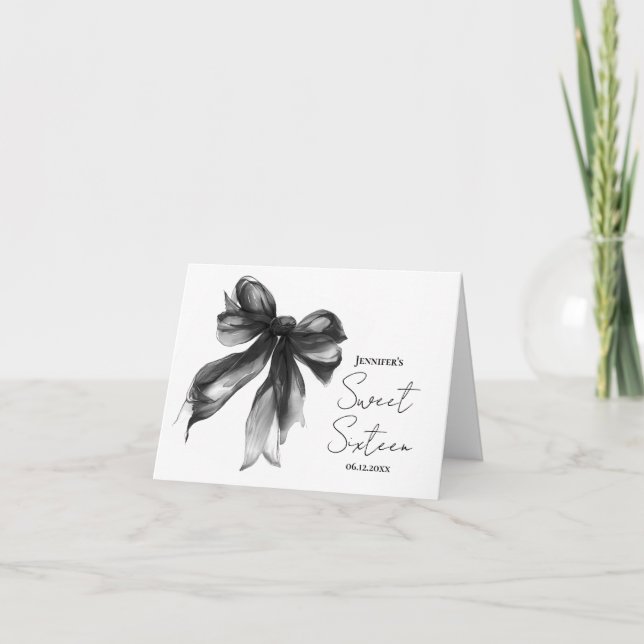 Tarjeta De Agradecimiento Black Bow Coquette Script Dulces 16 Gracias  (Anverso)