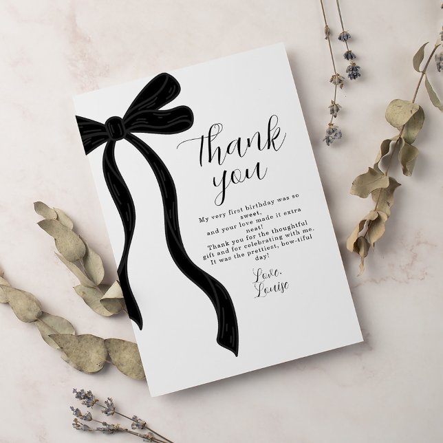 Tarjeta De Agradecimiento Black Bow First Birthday Coquette Thank You Card (Subido por el creador)