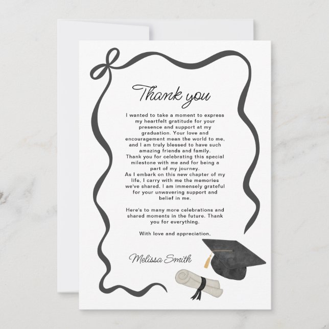 Tarjeta De Agradecimiento Black Bow Photo Graduation (Anverso)