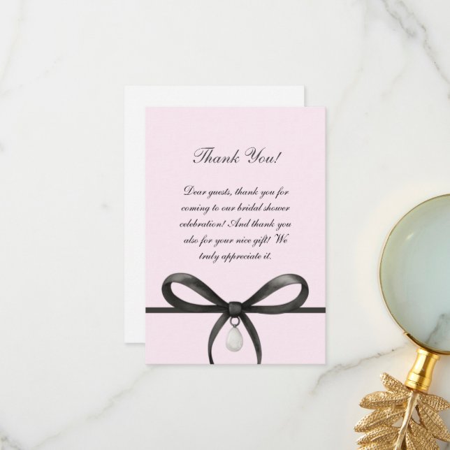 Tarjeta De Agradecimiento Black Bow With Pearl Old Money Style Bridal Shower (Anverso/Reverso In Situ)