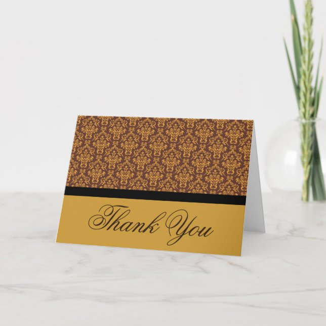 Tarjeta De Agradecimiento Black Brown y Gold Badask Damask Gracias (Anverso)