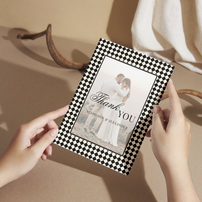 Tarjeta De Agradecimiento Black Checkered Old Money Photo Wedding Folded (Subido por el creador)