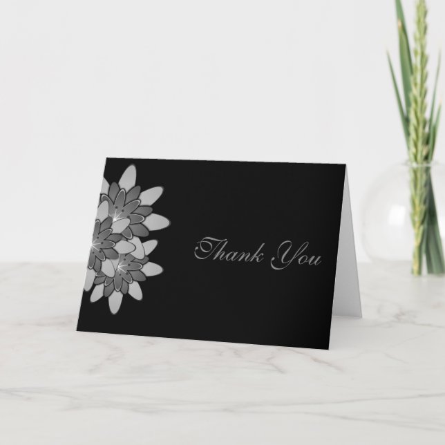 Tarjeta De Agradecimiento Black con gris y plata Floral Lotus Gracias (Anverso)