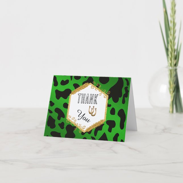 Tarjeta De Agradecimiento Black Cow Spots & Lucky Shoehorse Green Gracias (Anverso)
