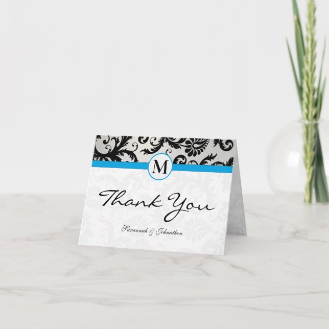 Tarjeta De Agradecimiento Black Damask Aqua Hawaiian Surf Gracias (Anverso)