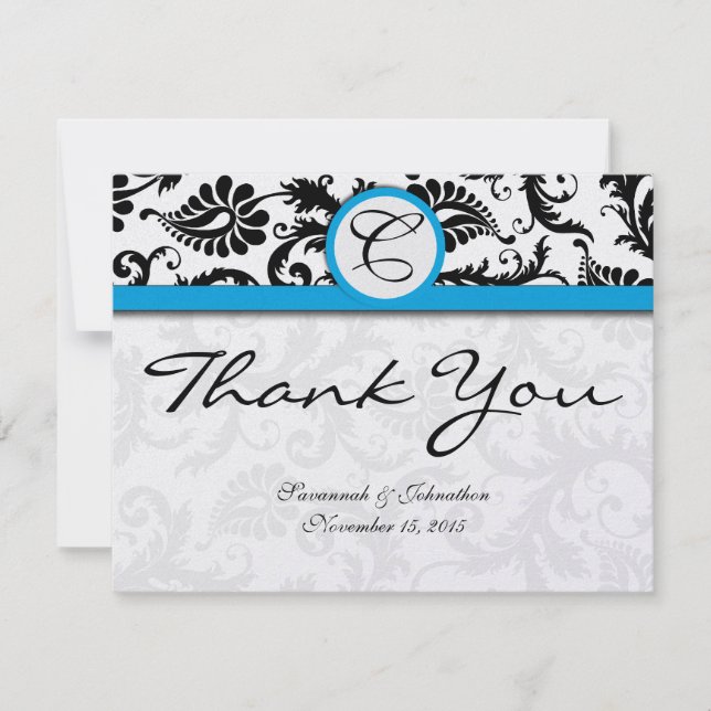 Tarjeta De Agradecimiento Black Damask Aquamarine Trim Boda Gracias (Anverso)