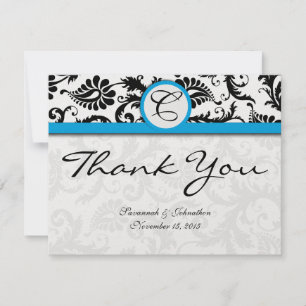 Tarjeta De Agradecimiento Black Damask Aquamarine Trim Boda Gracias