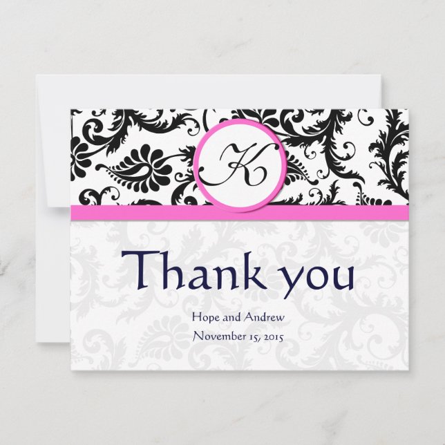 Tarjeta De Agradecimiento Black Damask Swirl Boda Rosado Gracias Cartas (Anverso)