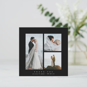 Tarjeta De Agradecimiento Black Elegant Square Three Photo Boda