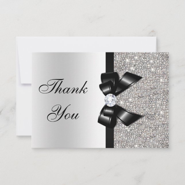 Tarjeta De Agradecimiento Black Faux Bow Silver Diamontes Gracias (Anverso)