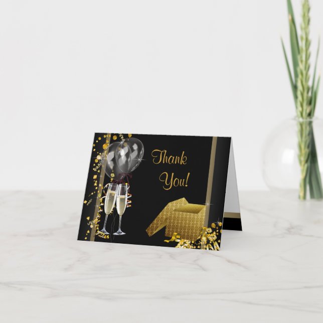 Tarjeta De Agradecimiento Black Gold Birday Party (Fiesta de cumpleaños de o (Anverso)