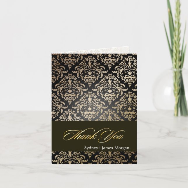 Tarjeta De Agradecimiento Black Gold Céline Damask Gracias|Antecedentes (Anverso)