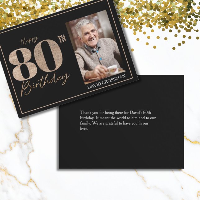Tarjeta De Agradecimiento Black & Gold Elegant Glitter 80th Photo Birthday  (Subido por el creador)