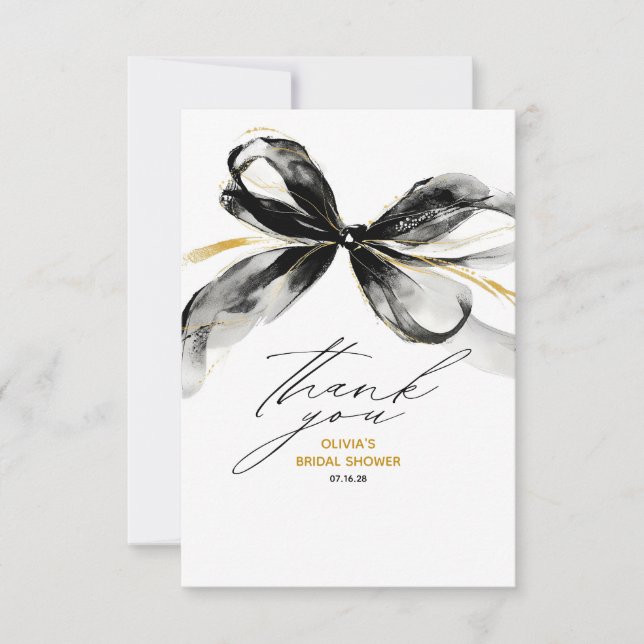 Tarjeta De Agradecimiento Black Gold Ribbon Bow Whimsical Bridal Shower (Anverso)