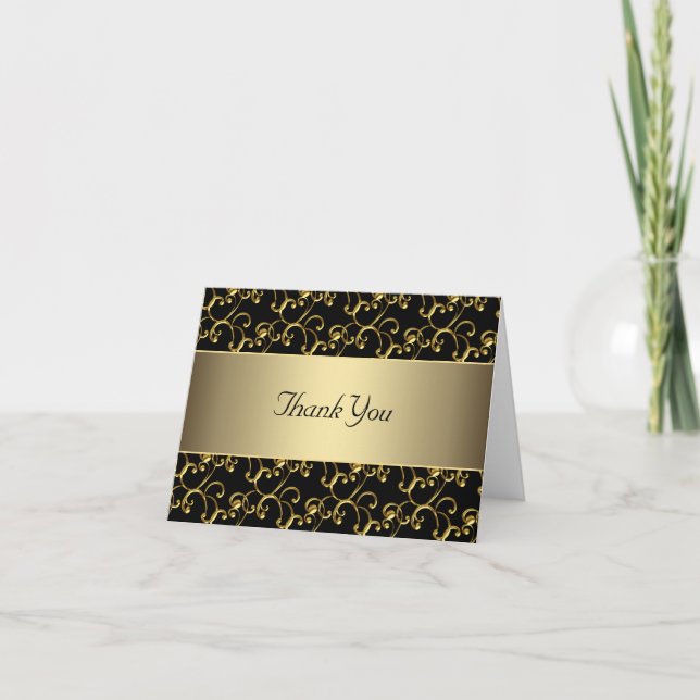 Tarjeta De Agradecimiento Black Gold Swirl Gold Gracias Cartas (Anverso)