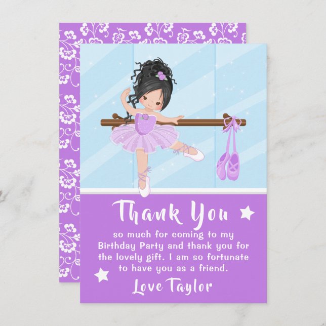 Tarjeta De Agradecimiento Black Hair Ballerina Purple Birthday Gracias Coche (Anverso / Reverso)