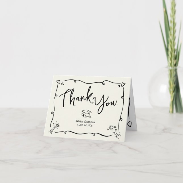 Tarjeta De Agradecimiento Black Hand Drawn Doodle Style Graduation Cream Fun (Anverso)