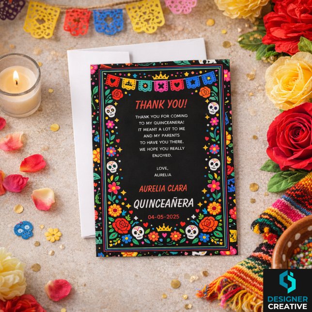 Tarjeta De Agradecimiento Black Mexican Fiesta Floral Gold Tiara Quinceañera (Black Mexican Fiesta Floral Gold Tiara Quinceañera Thank You Card)