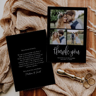 Tarjeta De Agradecimiento Black Modern Calligraphy Boda tres fotos