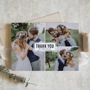 Tarjeta De Agradecimiento Black Modern Three Collage de fotos Boda