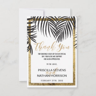 Tarjeta De Agradecimiento Black Palm Tree Fronds Gold Border Modern