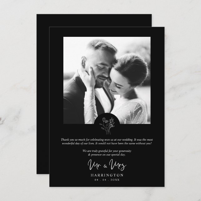 Tarjeta De Agradecimiento Black Photo Typography MR & MRS Wedding Bouquet  (Anverso / Reverso)
