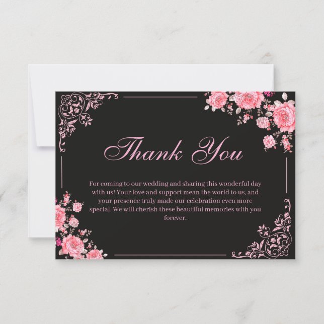 Tarjeta De Agradecimiento Black & Pink Floral Wedding Thank You Card (Anverso)