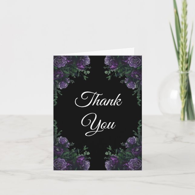Tarjeta De Agradecimiento Black Purple Floral Elegant Wedding Gótico (Anverso)