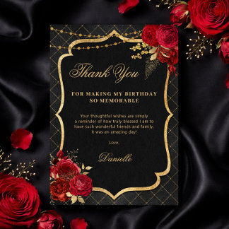 Tarjeta De Agradecimiento Black, Red and Gold Flat Birthday Thank You Card