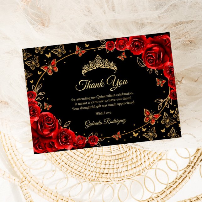 Tarjeta De Agradecimiento Black Red Gold Quinceanera (Subido por el creador)