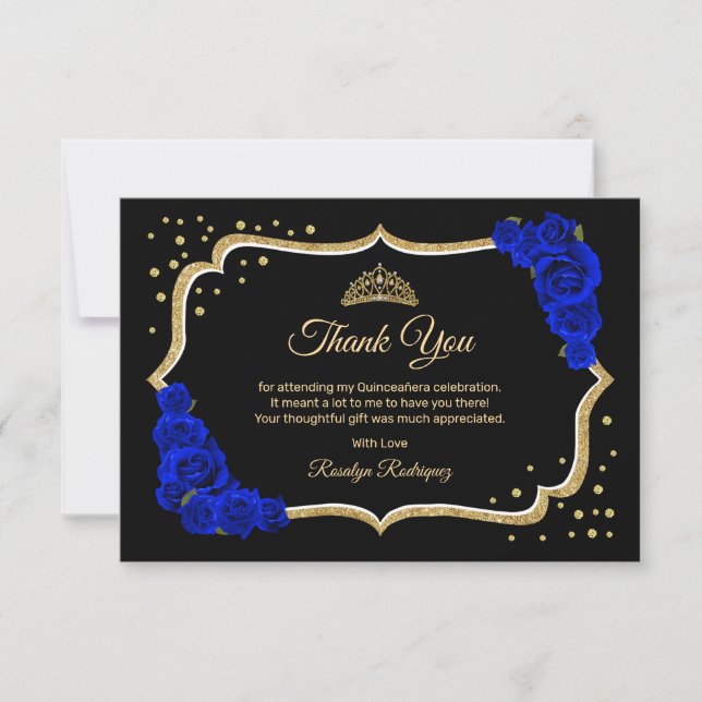 Tarjeta De Agradecimiento Black Royal Blue Gold Quinceanera (Anverso)