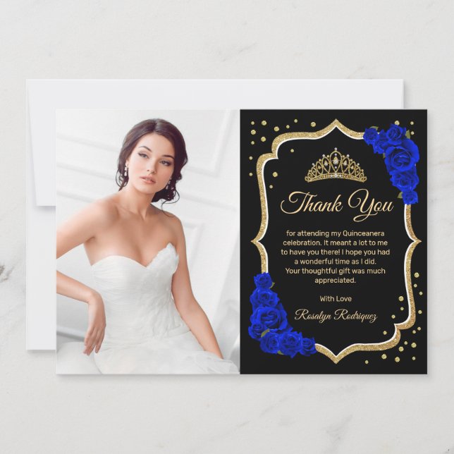 Tarjeta De Agradecimiento Black Royal Blue Gold Quinceanera Photo (Anverso)
