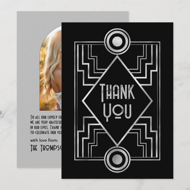 Tarjeta De Agradecimiento Black & Silver Gatsby-Inspired Art Deco Wedding (Anverso / Reverso)