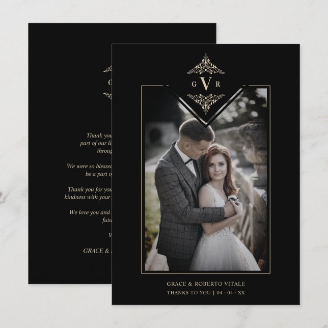 Tarjeta De Agradecimiento Black Sophisticate Flourish Chic Golden Initials (Anverso / Reverso)