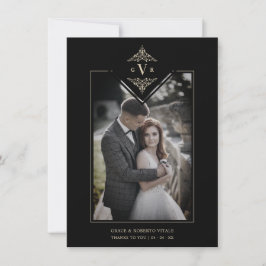 Tarjeta De Agradecimiento Black Sophisticate Flourish Chic Golden Initials