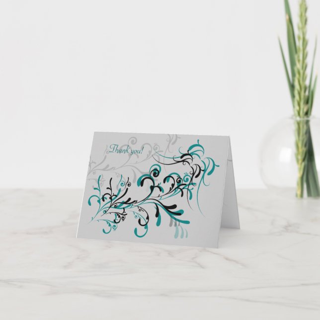 Tarjeta De Agradecimiento Black Verde azulado Swirls Gracias (Anverso)