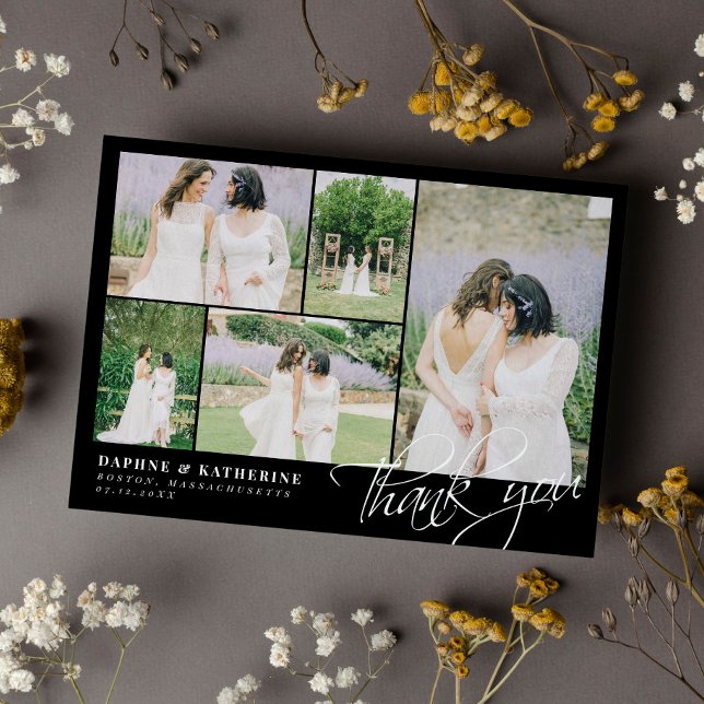 Tarjeta De Agradecimiento Black Wedding Photo Collage Script Thank You (Subido por el creador)
