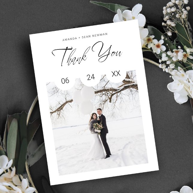 Tarjeta De Agradecimiento Black Whimsical Script Typography Photo Wedding (Black Whimsical Script Typography Custom Photo Wedding Thank You Card. )