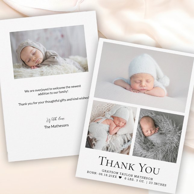 Tarjeta De Agradecimiento Black White Baby Boy Photo Grid Stat (Cute baby newborn photos thank you and birth announcement cards.)