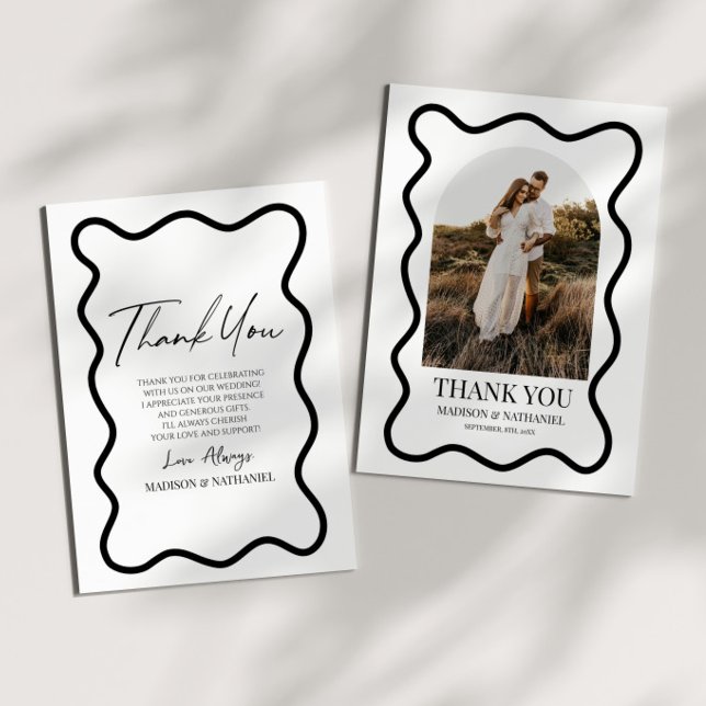 Tarjeta De Agradecimiento Black White Elegant Wavy Border Photo Wedding (Subido por el creador)