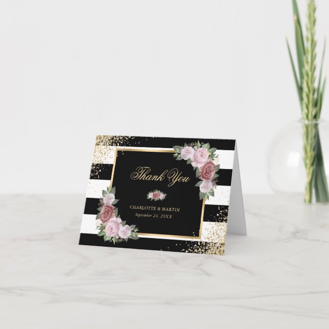 Tarjeta De Agradecimiento Black White Gold Confetti Rubor Floral rosa (Anverso)