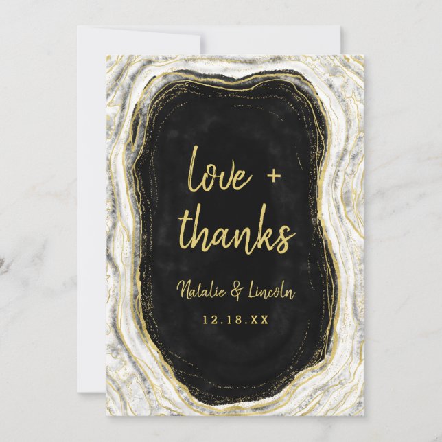 Tarjeta De Agradecimiento Black White & Gold Geode Boda Amor y Gracias (Anverso)