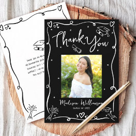 Tarjeta De Agradecimiento Black White Hand Drawn Doodles Photo Graduation