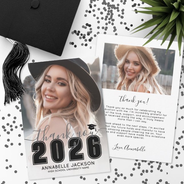 Tarjeta De Agradecimiento Black White Photo Graduation (Black White Photo Graduation Thank You Card)