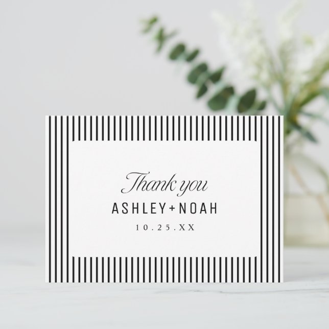 Tarjeta De Agradecimiento Black & White Striped Elegance Classy Wedding (Anverso de pie)